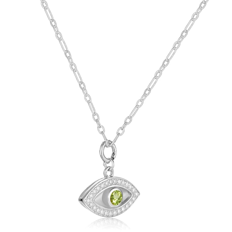 Peridot and Moissanite Rhodium Over Sterling Silver Evil Eye Necklace