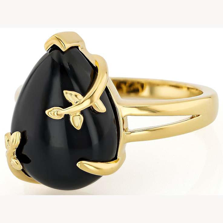 Black Spinel Pear Solitaire Ring In 18K Gold Over Sterling Silver 8.64ct
