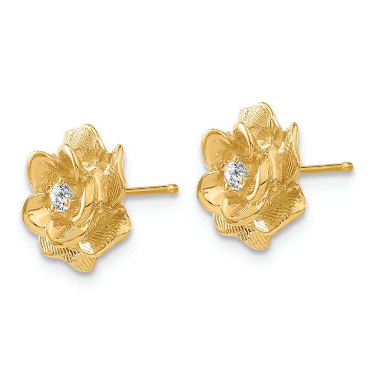 14k Yellow Gold 11mm Textured Diamond Flower Stud Earrings