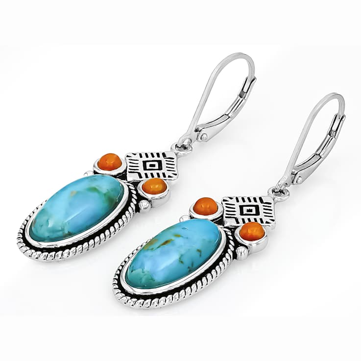 Turquoise And Spiny Oyster Shell Sterling Silver Earrings 16x7mm