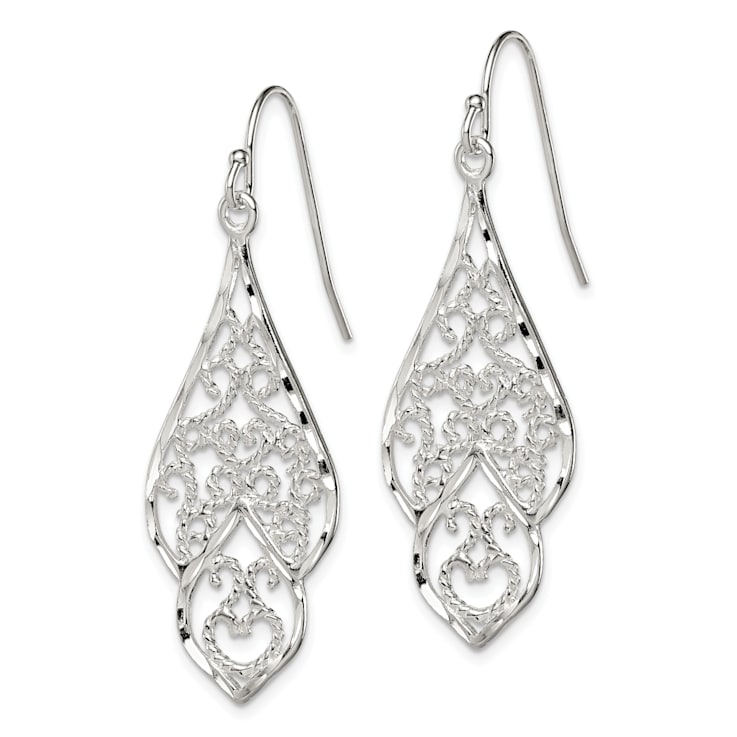 Sterling Silver Polished and Diamond-cut Fancy Filigree Dangle Earrings