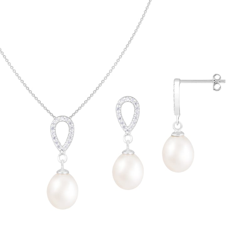 8-9mm Drop White Freshwater Pearl and CZ Rhodium Over Sterling Earring
and Pendant W/Chain Set