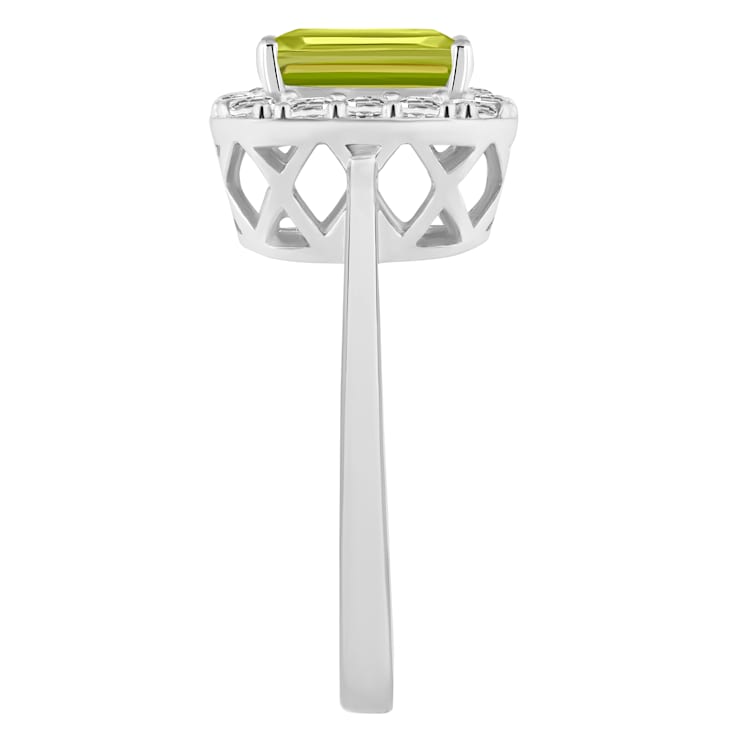 8x6mm Emerald Cut Peridot And White Topaz Accents Rhodium Over Sterling
Silver Halo Ring