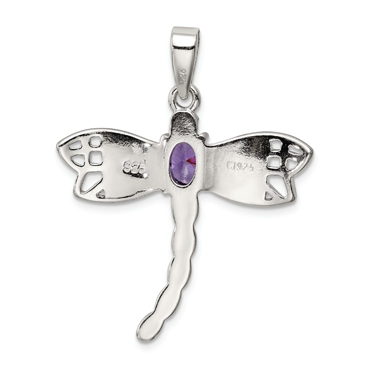 Rhodium Over Sterling Silver Lab Created Opal Dragonfly Amethyst Pendant