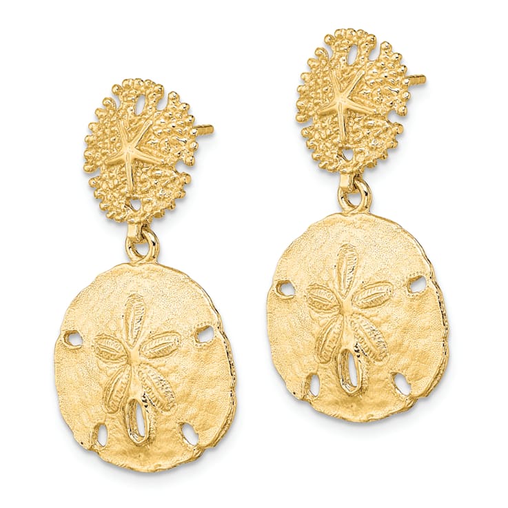 14k Yellow Gold Textured Double Sand Dollar Dangle Earrings
