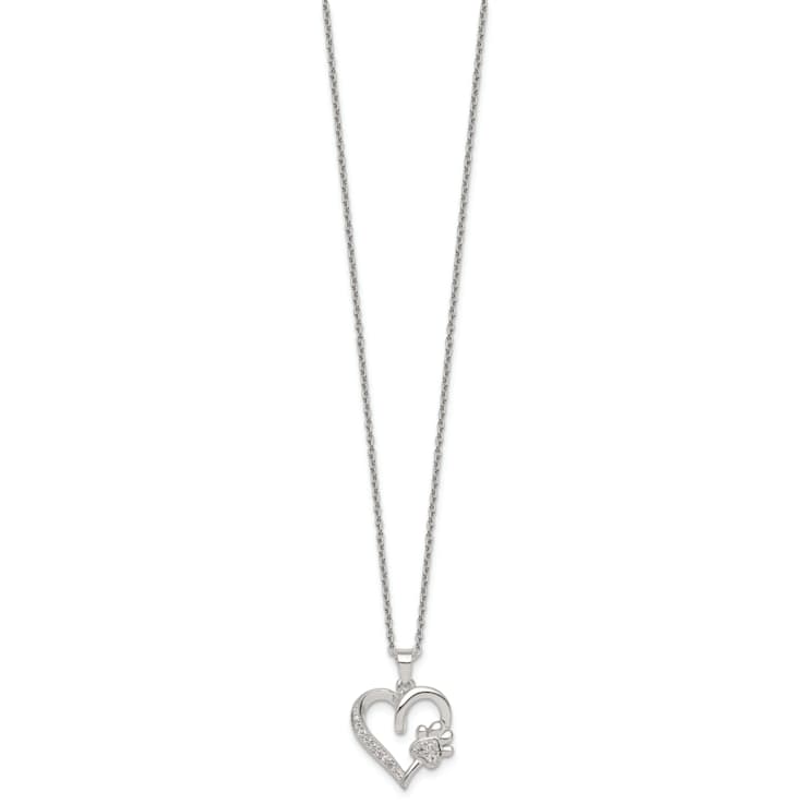 Sterling Silver Polished Cubic Zirconia Heart and Paw Necklace