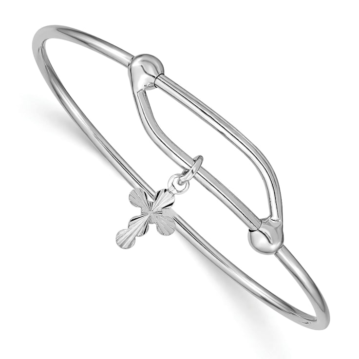 Rhodium Over Sterling Silver Diamond-cut Cross Adjustable Baby Bangle