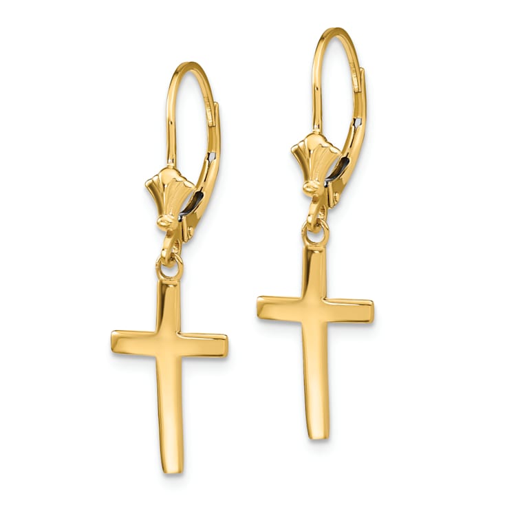 14k Yellow Gold Polished Cross Dangle Earrings
