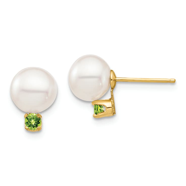14K Yellow Gold 7-7.5mm White Round Freshwater Cultured Pearl Peridot
Post Earrings