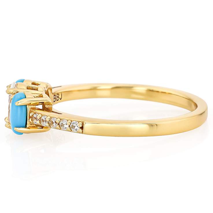 Diamond Simulant, Turquoise, 3-Stone Ring In 18K Gold Over Sterling
Silver 0.81ctw