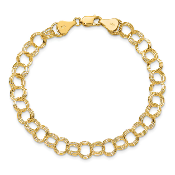 14k Yellow Gold 7mm Solid Triple Link Charm Bracelet