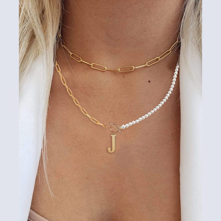 14K Gold Over Brass Initial Pearl Simulant Link Chain Necklace Letter J