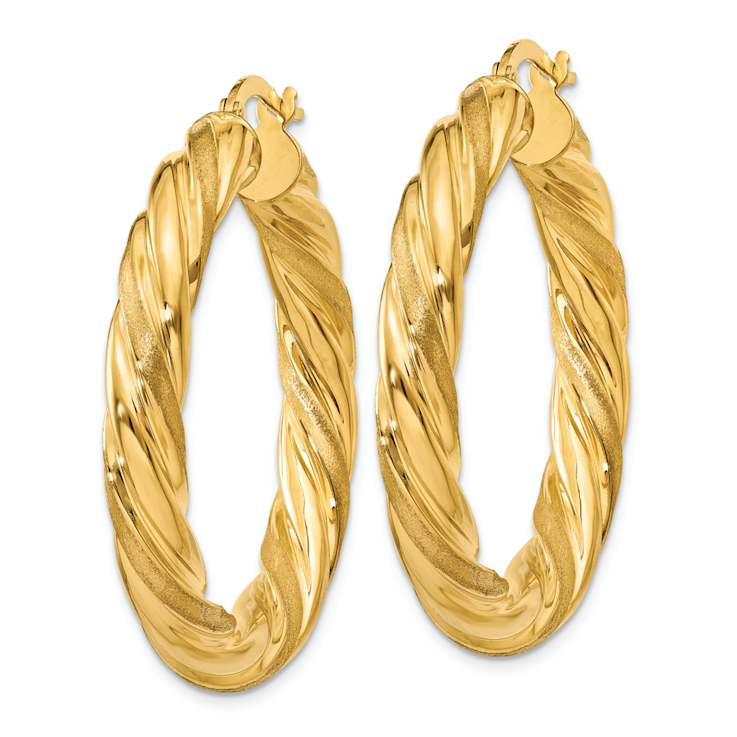 14k Yellow Gold Satin and Polished 1 1/2" Twisted Hoop Earrings