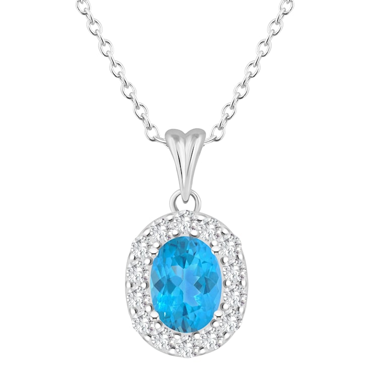 8x6mm Oval Swiss Blue Topaz and White Topaz Accent Rhodium Over Sterling
Silver Halo Pendant w/Chain