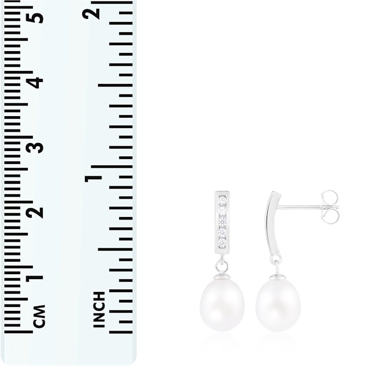 7-8mm White Cultured Freshwater Pearl and Cubic Zirconia Rhodium Over
Sterling Silver Earrings