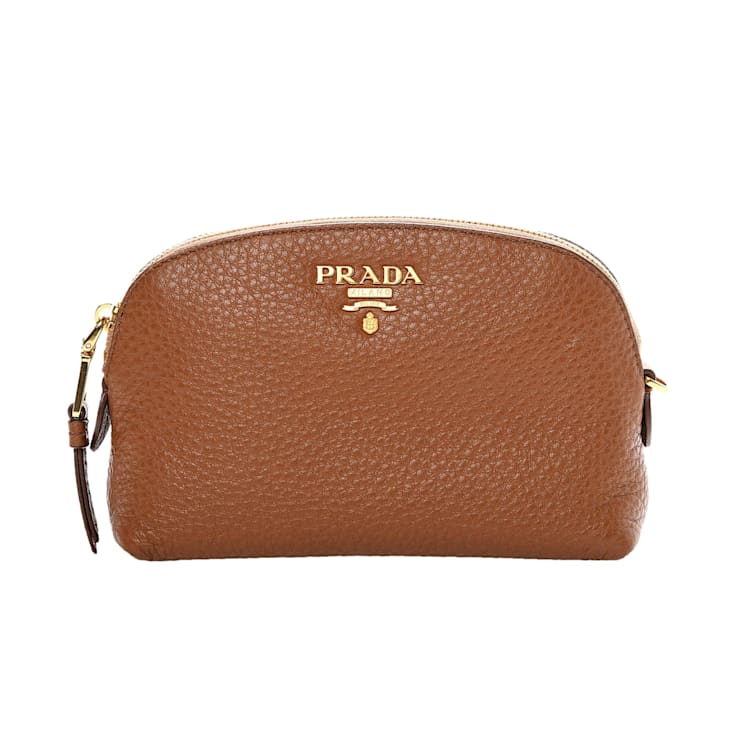 Prada Vitello Daino Cannella Brown Leather Small Cosmetic Case Clutch Bag 12KPRA