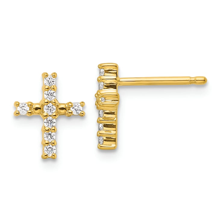 14k Yellow Gold Polished Diamond Cross Stud Earrings