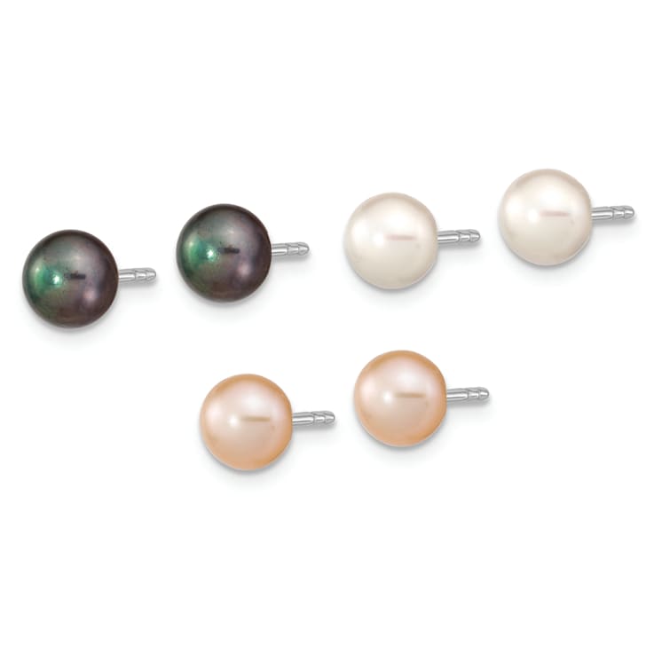 Rhodium Over Sterling Silver  6-7mm Set of 3 White/BlacK/Pink Button FWC
Pearl Earrings