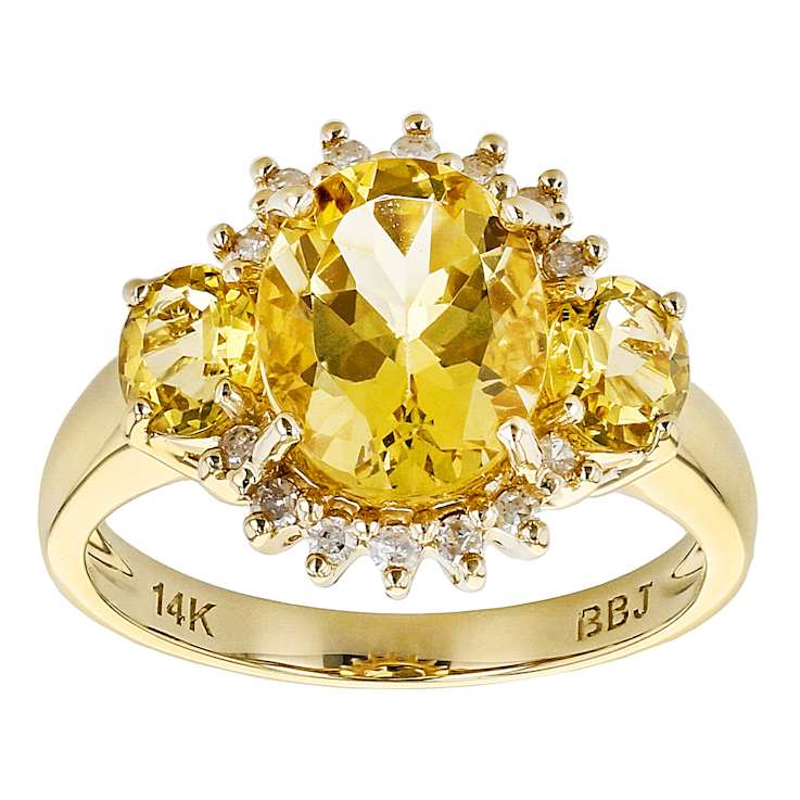 Yellow Beryl Oval And White Diamond Three-Stone Ring In Solid 14K Yellow
Gold 2.52ctw
