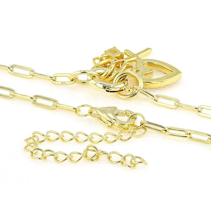 Shell Pearl Heart And Cross Charm Necklace In 18K Gold Over Sterling Silver
