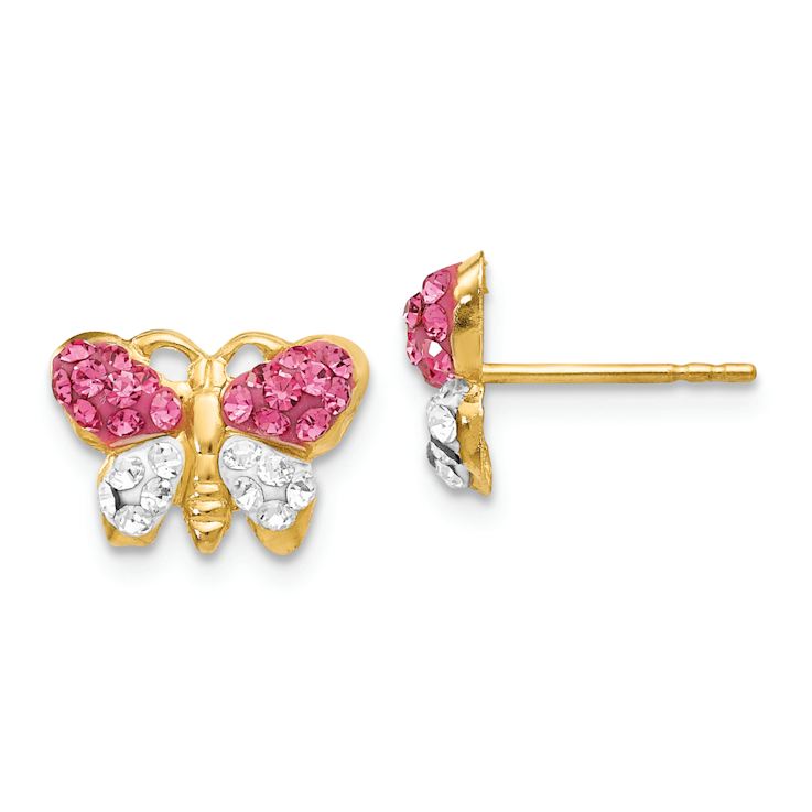 14k Yellow Gold Pink and White Crystal Butterfly Stud Earrings