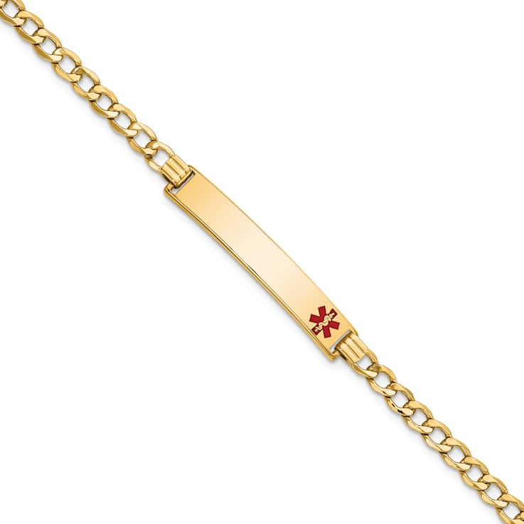 14k Yellow Gold Medical Red Enamel Curb Link ID Bracelet
