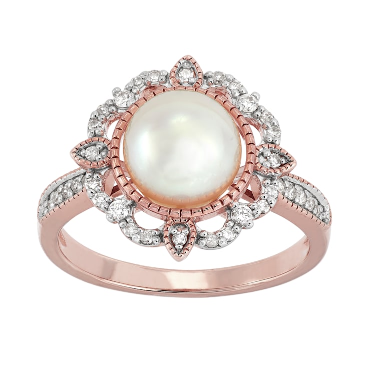 8-8.5mm Round White Freshwater Pearl with 0.20ctw Diamond 10K Rose Gold
Flower Ring