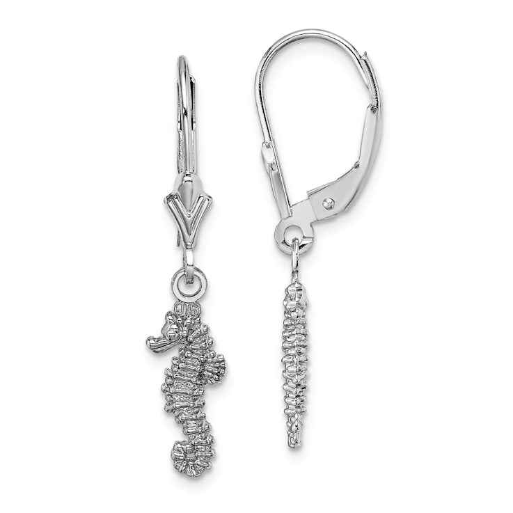 Rhodium Over 14k White Gold 3D Textured Seahorse Dangle Earrings