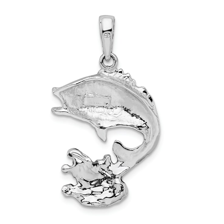 Rhodium Over Sterling Silver Enameled Jumping Bass Fish Pendant