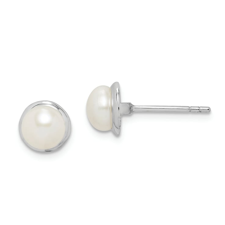 Rhodium Over Sterling Silver  6-7mm White Button Freshwater Cultured
Pearl Earrings