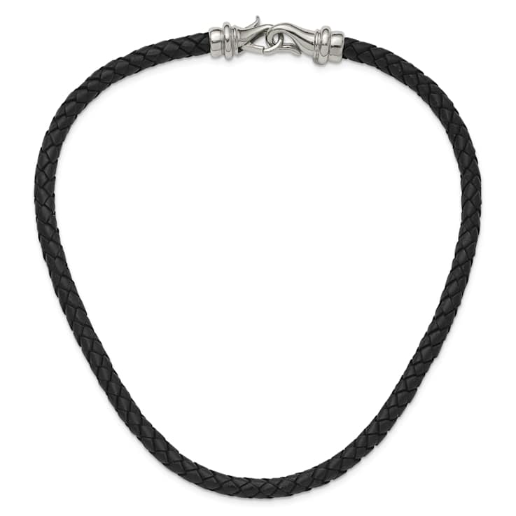 Stainless Steel Polished 6mm Woven Black Leather 19.5 Inch Necklace