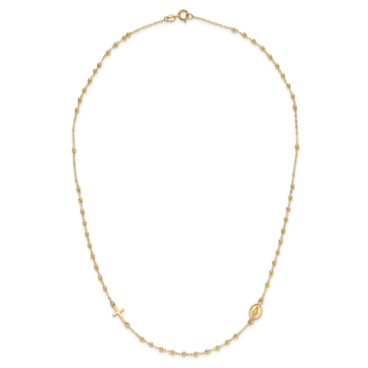 14K Yellow Gold Polished Miraculous Medal and Cross Rosary Design Necklace