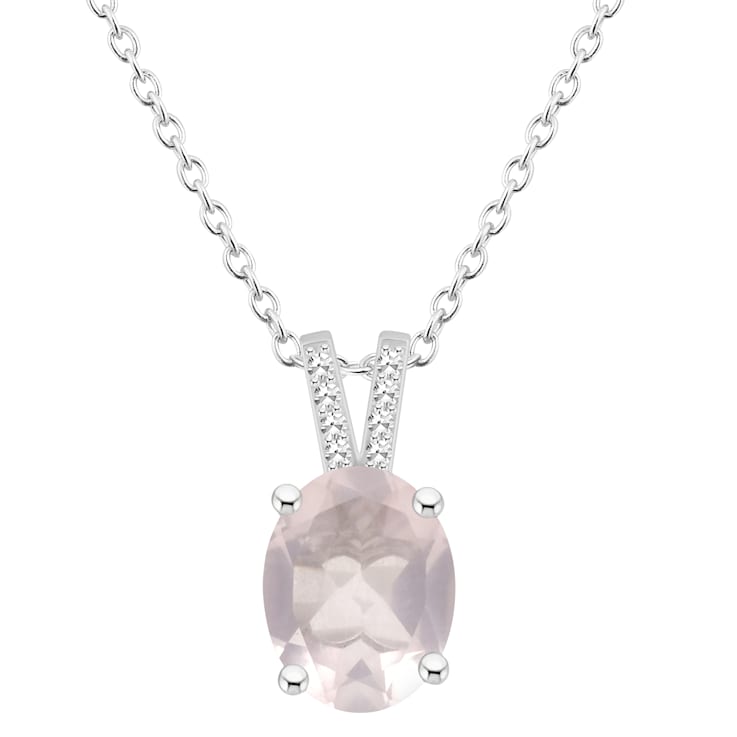 10x8mm Oval Rose Quartz With Diamond Accents Rhodium Over Sterling
Silver Pendant with Chain
