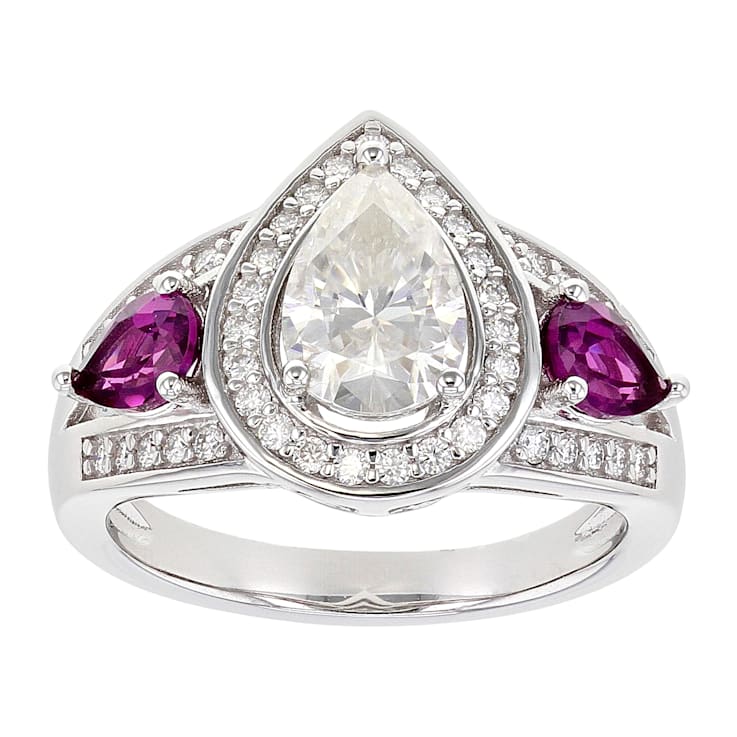 Moissanite and grape color garnet platineve ring 1.93ctw DEW.