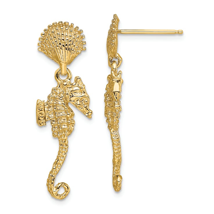14k Yellow Gold Textured Shell and Seahorse Dangle Earrings