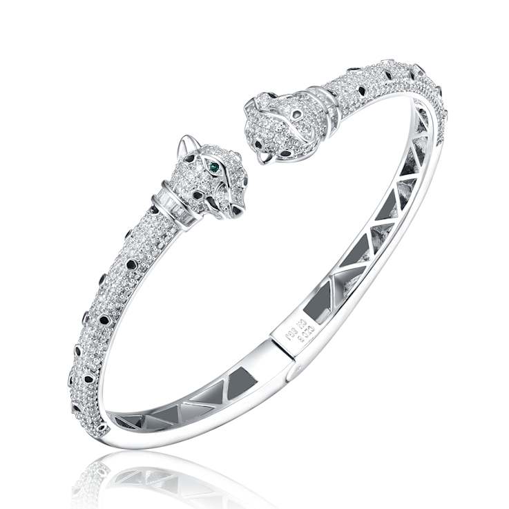 Panther CZ Cuff Bracelet In White Rhodium Over Brass