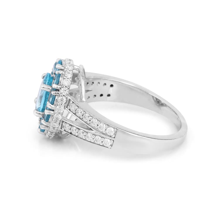 Paraiba Blue Apatite with Moissanite Accents Rhodium Over Sterling
Silver Halo Ring Blue Jewelry