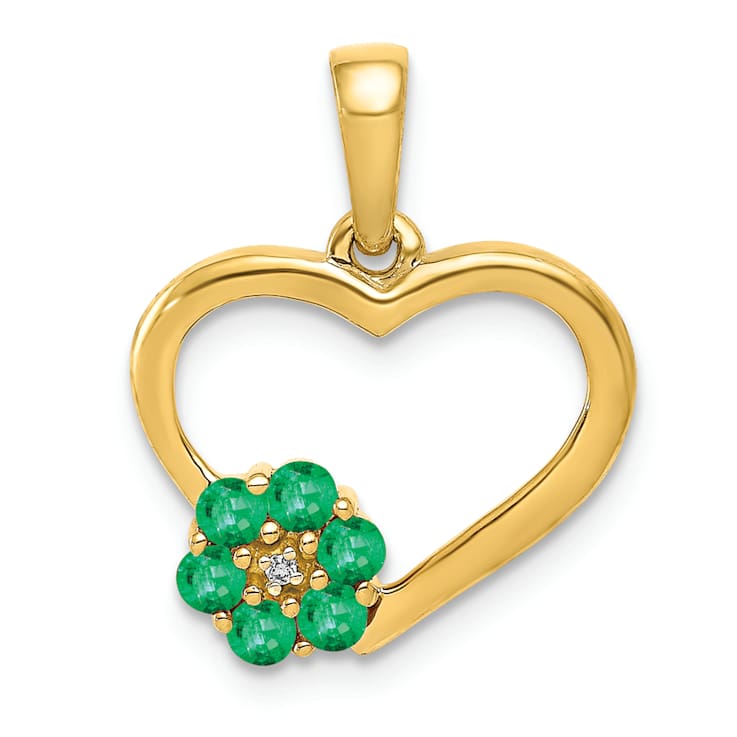 10k Yellow Gold Heart and Flower Pendant with Accent Diamond and 0.3
cttw Emerald Gemstone