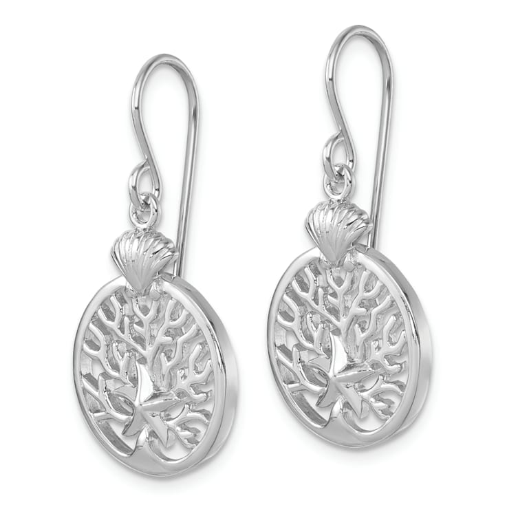 Rhodium Over Sterling Silver Starfish and Scallop Shell Reef Dangle Earrings