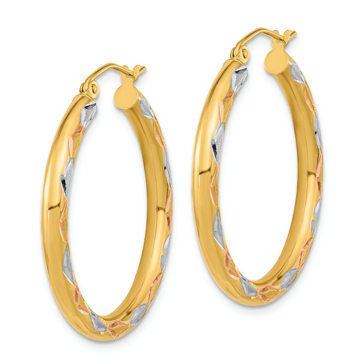 14k Two-tone 1 1/4" Polished Satin Diamond-Cut Hoop Earrings