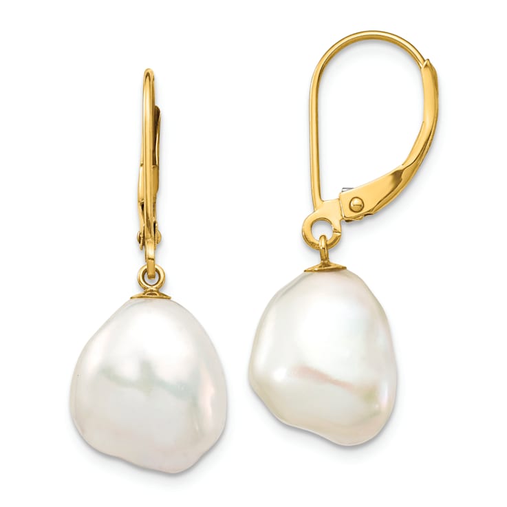 14K Yellow Gold 10x12mm White Keshi Freshwater Cultured Pearl Leverback Earrings