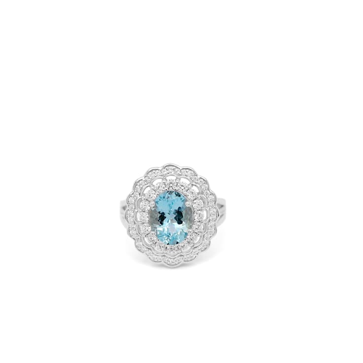 10x8mm Oval Aquamarine and White CZ Rhodium Over Sterling Silver Ring, 2.46ctw
