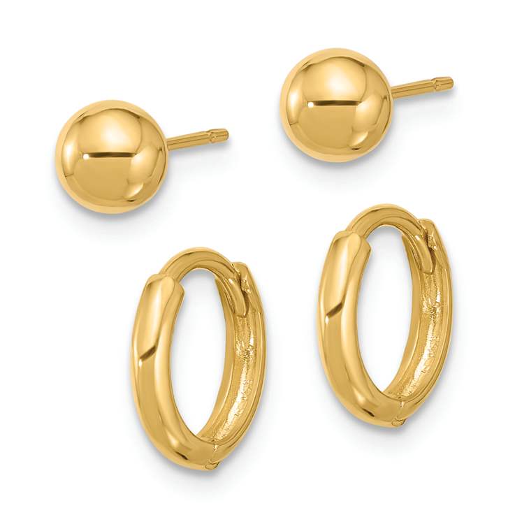 14k Yellow Gold Polished 5mm Ball and 3/8" Hinged Hoop Earring Set