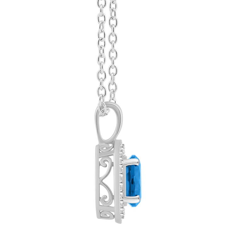7mm Round Blue Topaz 1/8 ctw Diamond Rhodium Over Sterling Silver Halo
Pendant with Chain
