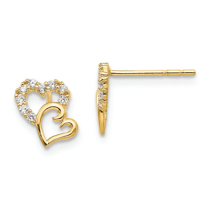 14k Yellow Gold Children's Cubic Zirconia Double Heart Stud Earrings