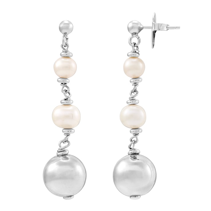 6-8.5mm Round White Freshwater Pearl Sterling Silver Graduated Dangle Earrings