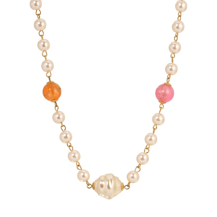 Yellow Base Metal White/Multi Color Faux Pearl Bead Necklace 24 inch