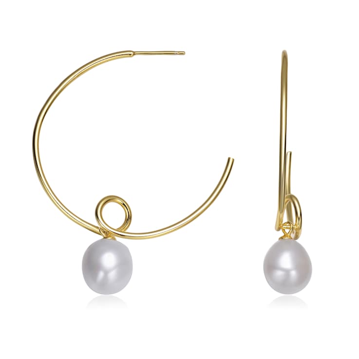 Freshwater Pearl Open Hoop Earrings In 14K Gold Over Sterling Silver