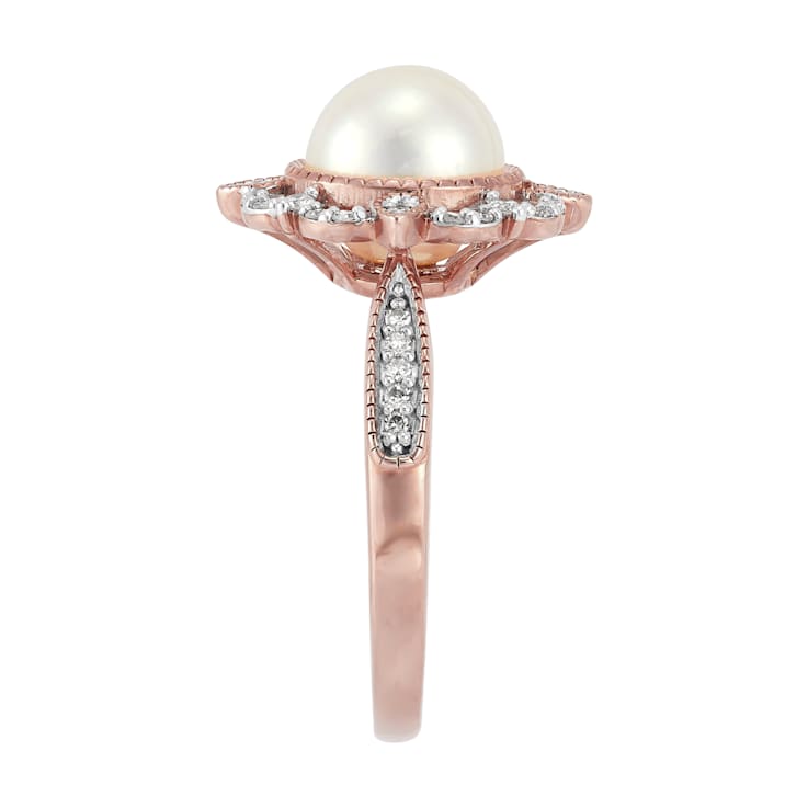 8-8.5mm Round White Freshwater Pearl with 0.20ctw Diamond 10K Rose Gold
Flower Ring