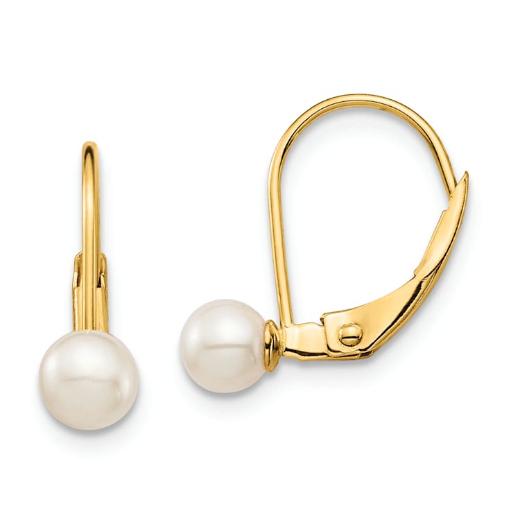 14K Yellow Gold 4-5mm White Round Freshwater Cultured Pearl Leverback Earrings